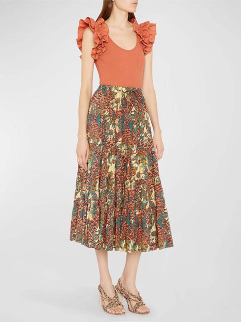 Ulla Johnson Tiered Floral Midi Skirt In Rust, Teal & Cream